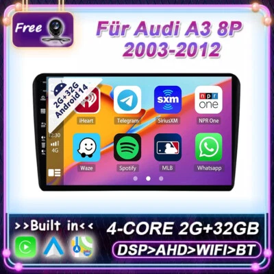 Android 14.0 Autoradio Für Audi A3 8P 2003-2012 GPS Sat Navi CarPlay 9'' RDS DSP - Bild 1 von 4