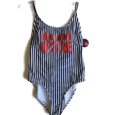 Womens Do Not Disturb One Piece Swimsuit Junior M 7/9  Black White Striped NWT - Image 1 of 4