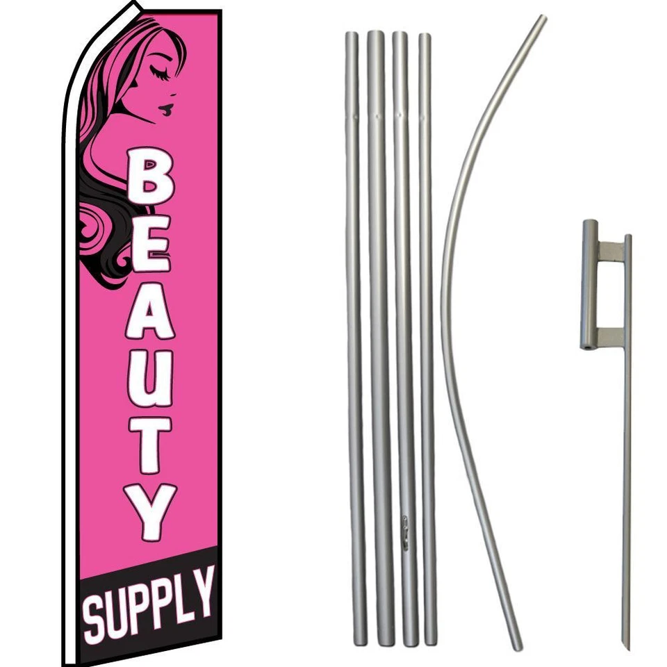 Beauty Supply Pink / White / Black Swooper Flag & 16ft Flagpole Kit/Ground Spike - Image 1 of 1