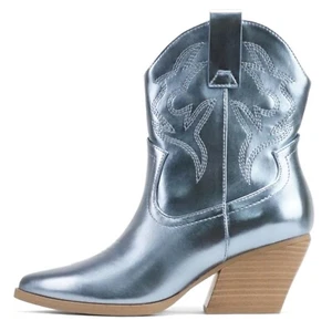 Soda Cowboy Western Stitched Ankle Boot Pointy Toe Booties Blue Metallic BLAZING - Picture 1 of 4