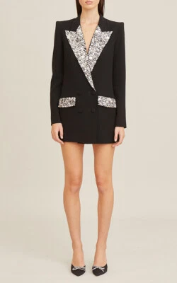 Women Big Diamonds Jewellery Collar Black  Long Blazer Jacket - Image 1 of 4