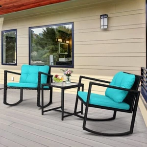 3PCS Rattan Patio Furniture Set Outdoor Rocking Wicker Bistro Set With Cushions - Picture 1 of 8