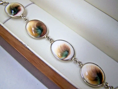 GORGEOUS SOLID STERLING SILVER OPERCULLUM SHELL DOUBLESIDED BRACELET 7" 8" 9" AD - Image 1 of 4