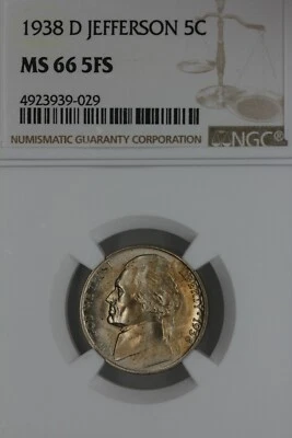1938 D  5C NGC JEFFERSON  MS 66 5FS  Jefferson Nickel, 5C Piece, 5 Cents, .05,5C - Image 1 of 2
