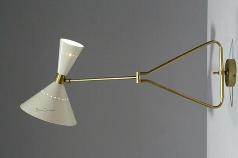 1950 Brass White Wall lamp Diabolo Italian Cone Stilnovo Sputnik Light Swing Arm Cover