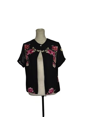 Blusa informal de esquina negra floral de seda frente abierto manga corta cierre de botones L Foto 1 de 4