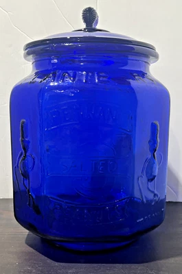 Tarro de cristal azul cobalto vintage grande 13" PLANTADORAS "MR PEANUTS" CON TAPA Foto 1 de 4