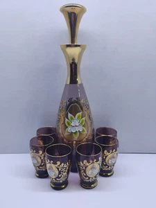 Vintage viktorianische handbemalte Blumen böhmischer Amethyst Glas Karaffe Set - Bild 1 von 24
