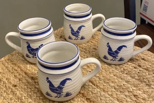 B.I. Pottery Coffee Mugs, Blue & White Country Farm Rooster and Hen Set Of 4 - Picture 1 of 8