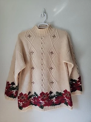 Vintage L.L. Suéter feminino Bean Poinsettia gola alta médio 100% lã robusto - Imagem 1 de 4