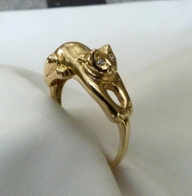 DESIGNER RA 14K OURO AMARELO SÓLIDO OLHOS DE DIAMANTE ANEL GATINHO GATO TAMANHO 9 5,7 GRAMAS - Imagem 1 de 4