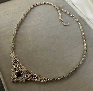 VINTAGE FAB HM HALLMARKED STERLING SILVER 925 GARNET MARCASITE COLLAR NECKLACE - Picture 1 of 14