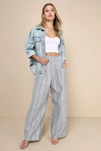 Pantalones de pierna ancha de lino a rayas azules y blancos Lulus Breezy Getaway para mujer talla M - Imagen 1 de 3
