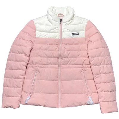 Guess Women's Pink White Colorblock Puffer Jacket Size M Lightweight Zip Up - Image 1 of 4