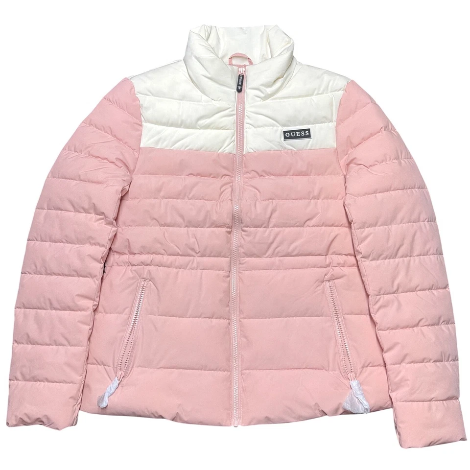Guess Women's Pink White Colorblock Puffer Jacket Size M Lightweight Zip Up - Image 1 of 4