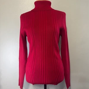 White House Black Market Red Ribbed Turtleneck Sweater Blouse Shirt Medium WHBM - Picture 1 of 11
