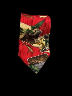 Eddie Bauer шелковый галстук красный вручную напечатано в Италии открытый рыбалки рыбы крюк США - Изображение 1 из 4