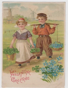 Children Baskets of Clover Flowers Windmills Valentine Postcard - Picture 1 of 2