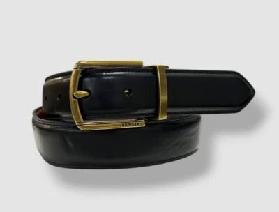 Tommy Hilfiger 男式黑色棕色人造皮革双面礼服腰带 S 30-32 — 第 1/2 张图片