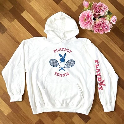 PLAYBOY Tennis Hoodie Unisex SIZE X-LARGE White Navy Logo Hooded Sweatshirt NWT - Image 1 of 4