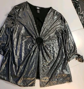 Studio 1940 18 20W Blouse Gray Metallic Split Front 3/4 Sleeve Embellished Top - Picture 1 of 6