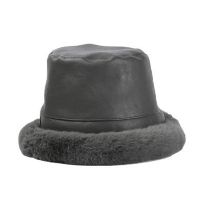Ladies Faux Leather Fluffy Fur Bucket Hat Bush Outdoor Winter Warm Thermal Retro - Image 1 of 4