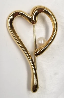 Broche Prendedor Corazón Abierto Vintage 2" Imitación Perla Tono Dorado Metal San Valentín Foto 1 de 3