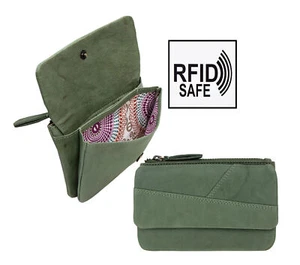 Womens Sage Green Soft leather Coin Pouch Purse 3 Compartments RFID Blocking - Picture 1 of 7