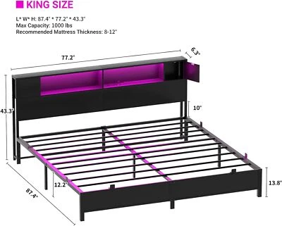 King/Queen/Full Size Bed Frame w/ Storage Headboard &Charging Station &LED Light - Image 1 of 4