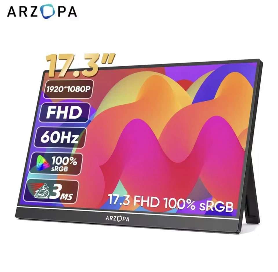 ARZOPA Portable 17.3" HD Monitor Second Screen IPS 1920*1080 Type-C Display