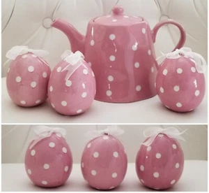 NWT~Home Essentials~Easter~Pink Polkadot~Teapot~Eggs Set - Picture 1 of 17