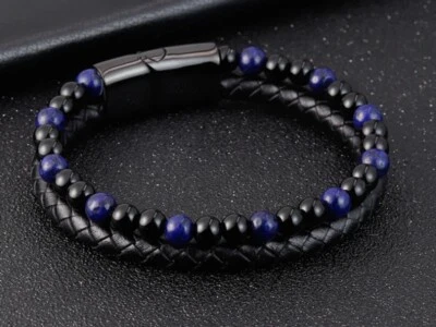 Pulsera trenzada de cuero con cierre magnético de piedra de obsidiana de lapislázuli azul para hombre Foto 1 de 4