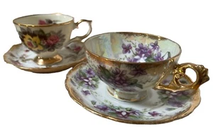 Set of 2 Old Gold Japan China Tea Cup and Saucer VTGPurple  Violets & Pink Roses - Picture 1 of 14