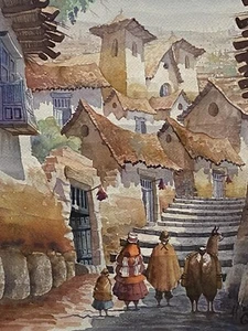 Original Village Scene Cusco Peru Watercolor Painting Landscape Signed FRAMED - Picture 1 of 13