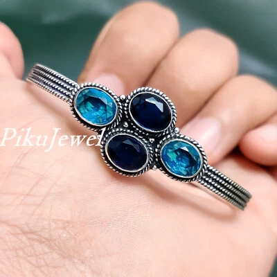 Brazalete de piedras preciosas de topacio azul y tanzanita hecho a mano de plata de ley 925 para hombre Foto 1 de 4