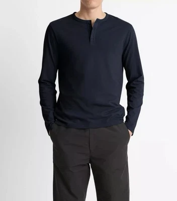 Vince 男式 Med。 Henley 衬衫 100% 纯棉海军蓝纽扣长袖 — 第 1/4 张图片