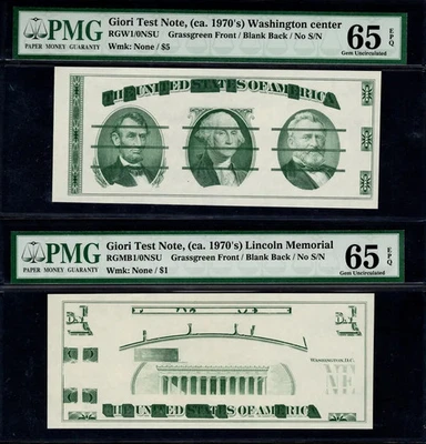 PAIR: GIORI PRESS TEST NOTE Washington  Lincoln Memorial Green PMG Gem Unc 65EPQ - Image 1 of 2