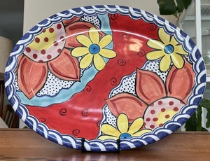 Damariscotta Kunstkeramik Maine große ovale Platte 17" x 13" bunte Blumen 2008 - Bild 1 von 10