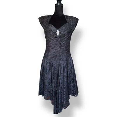 Vestido de graduación gótico Wednesday Addams negro encaje años 80 vintage matiz acanalado talla 11 Foto 1 de 4