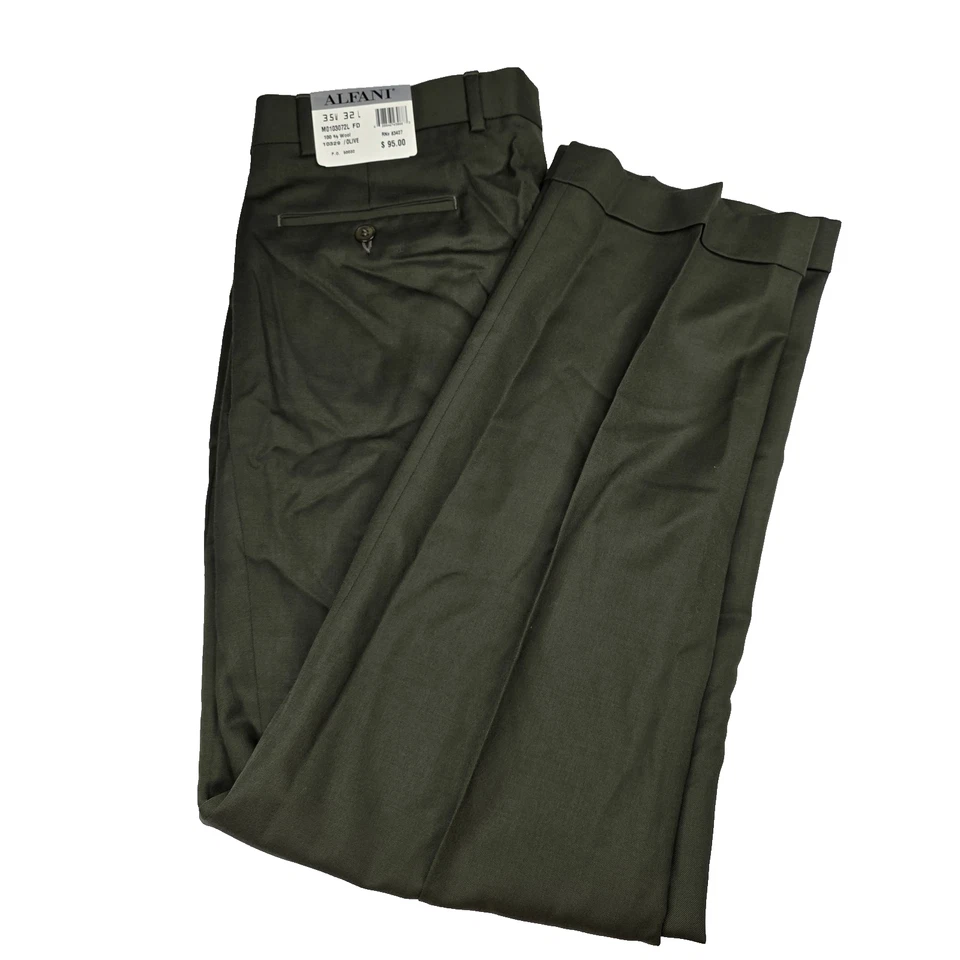 Pantalones de vestir Alfani para hombre 35x32 verde oliva 100 % lana plisados clásicos Foto 1 de 4