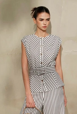 Neu mit Etikett Commense gestreiftes Rundhals-Top mit Gürtel neu mit Etikett ausverkauft marineblau hellbraun gestreift - Bild 1 von 4