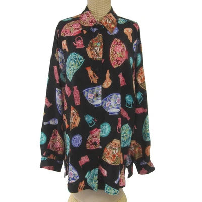 复古 Diane Von Furstenberg 女式 L 亚洲茶壶丝绸长衬衫束腰上衣 — 第 1/4 张图片