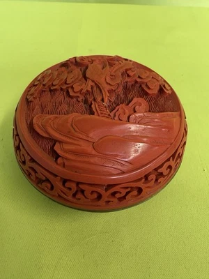 antike chinesische Zinnoberlack Dose Rotlack Cinnabar Schmuckdose Ø 9 cm - Bild 1 von 4