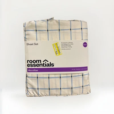 Queen Microfiber Sheet Set Blue Grid - Room Essentials - Size Queen - NEW - Image 1 of 2