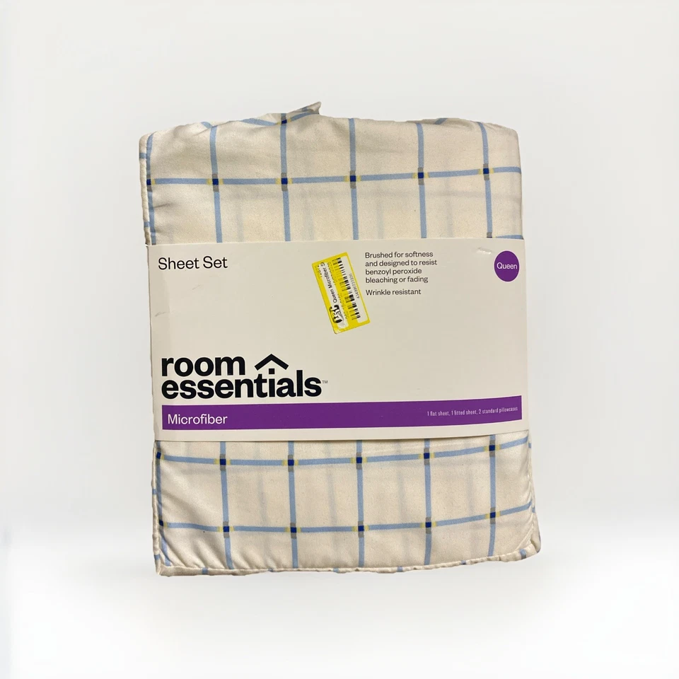Queen Microfiber Sheet Set Blue Grid - Room Essentials - Size Queen - NEW - Image 1 of 2