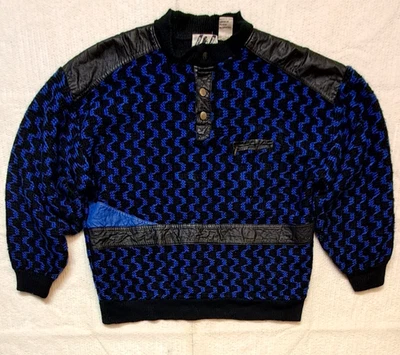 Trutus Biancarra 3-D Henley Sweater Men's Large Blue Leather Cosby Vintage 90's - Изображение 1 из 4