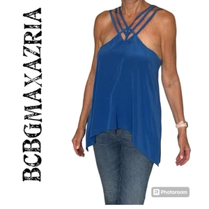 BCBGMAXAZRIA Women Blue Kasia Strappy Asymmetrical Silk Top Summer MED - Picture 1 of 7