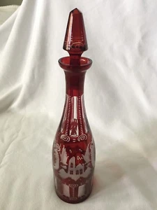 ANTIQUE BOHEMIAN ART GLASS RUBY STAINED & CUT DECANTER CASTLES DEER  DESIGN - Picture 1 of 10