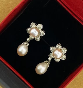 Magnificent South Sea Pearl, Diamond, 18K White Gold Drop Pendant Earrings - Picture 1 of 7