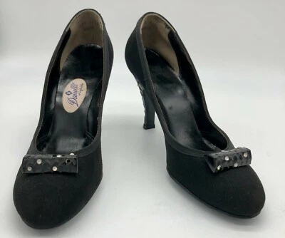 ZAPATOS DE SALÓN DANELLI ORIGINALES DE GAMUZA NEGROS VINTAGE AÑOS 50 CON RINCÓN DE BAQUELITA tallado Foto 1 de 4